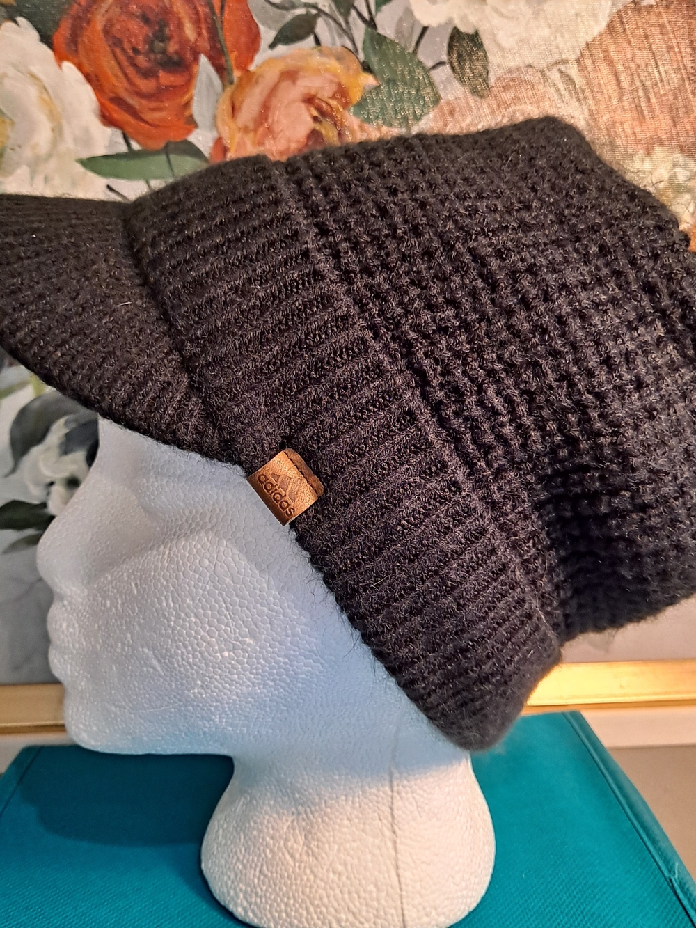Adidas Unisex Black Waffle Knit Beanie W/Structured Visor & Soft Lining Acrylic